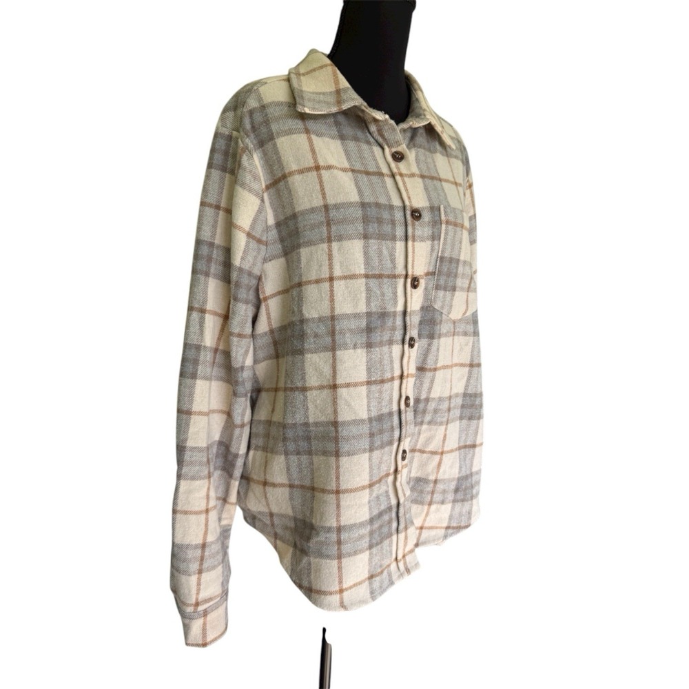 BKE Plaid Flannel Shirt Sz L Western Farmgirl Layering Casual Brown Beige Gray - Picture 2 of 7